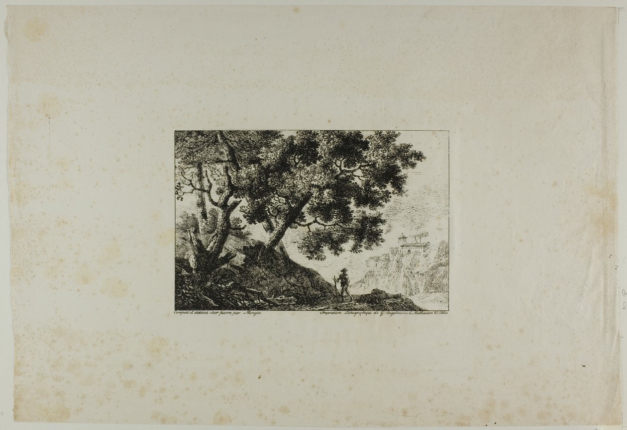 Landschap met man die staf draagt door Pierre Antoine Mongin