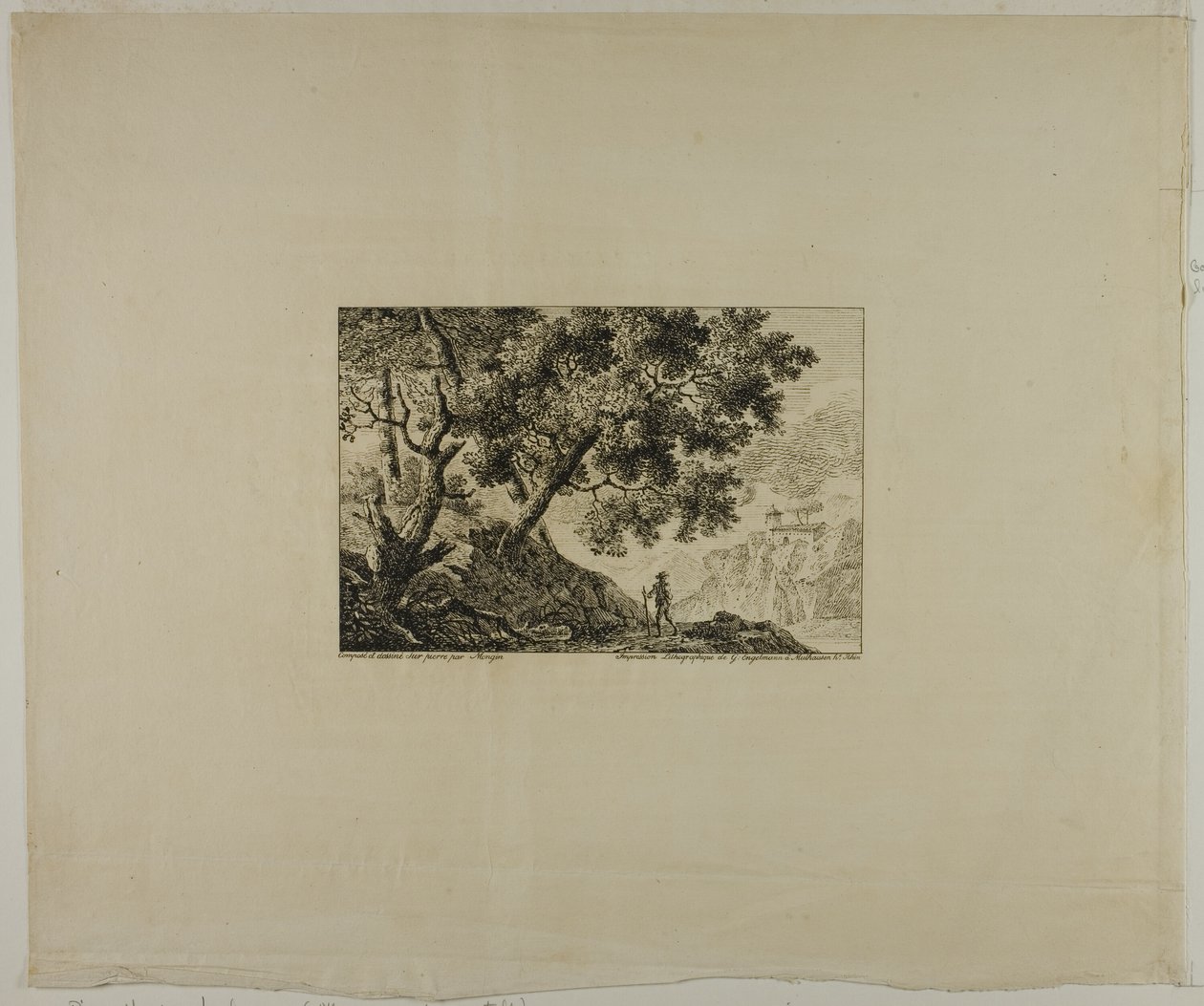 Landschap met man die staf draagt door Pierre Antoine Mongin