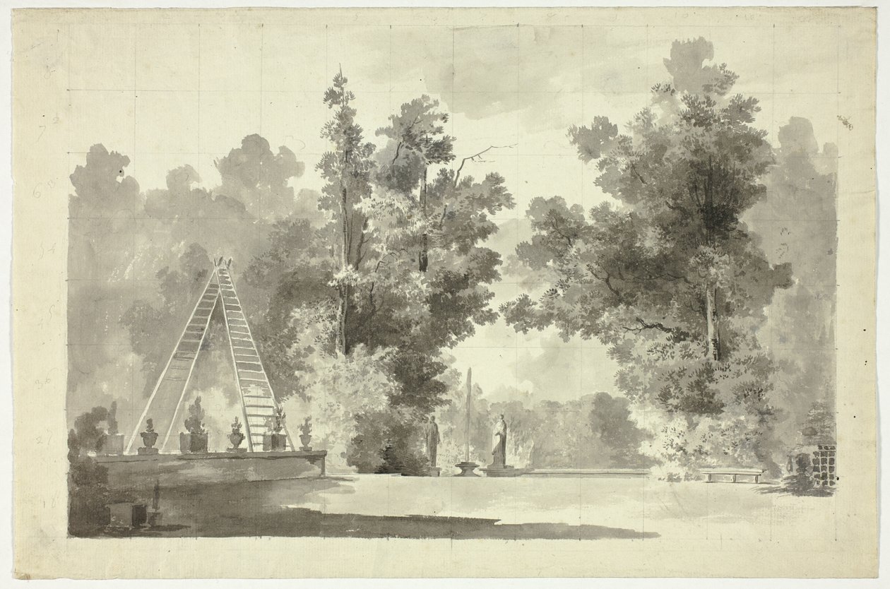 Gezicht op het park van Versailles: Ladderboog met planten; beeldhouwwerken door Pierre Antoine Mongin