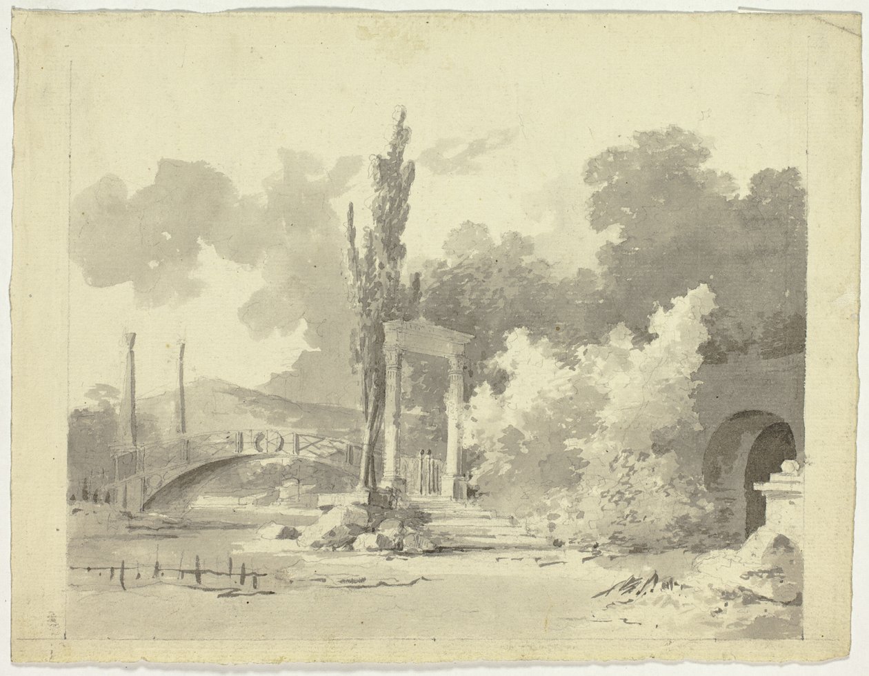 Gezicht op het park van Versailles: Boogbrug met zuilen door Pierre Antoine Mongin
