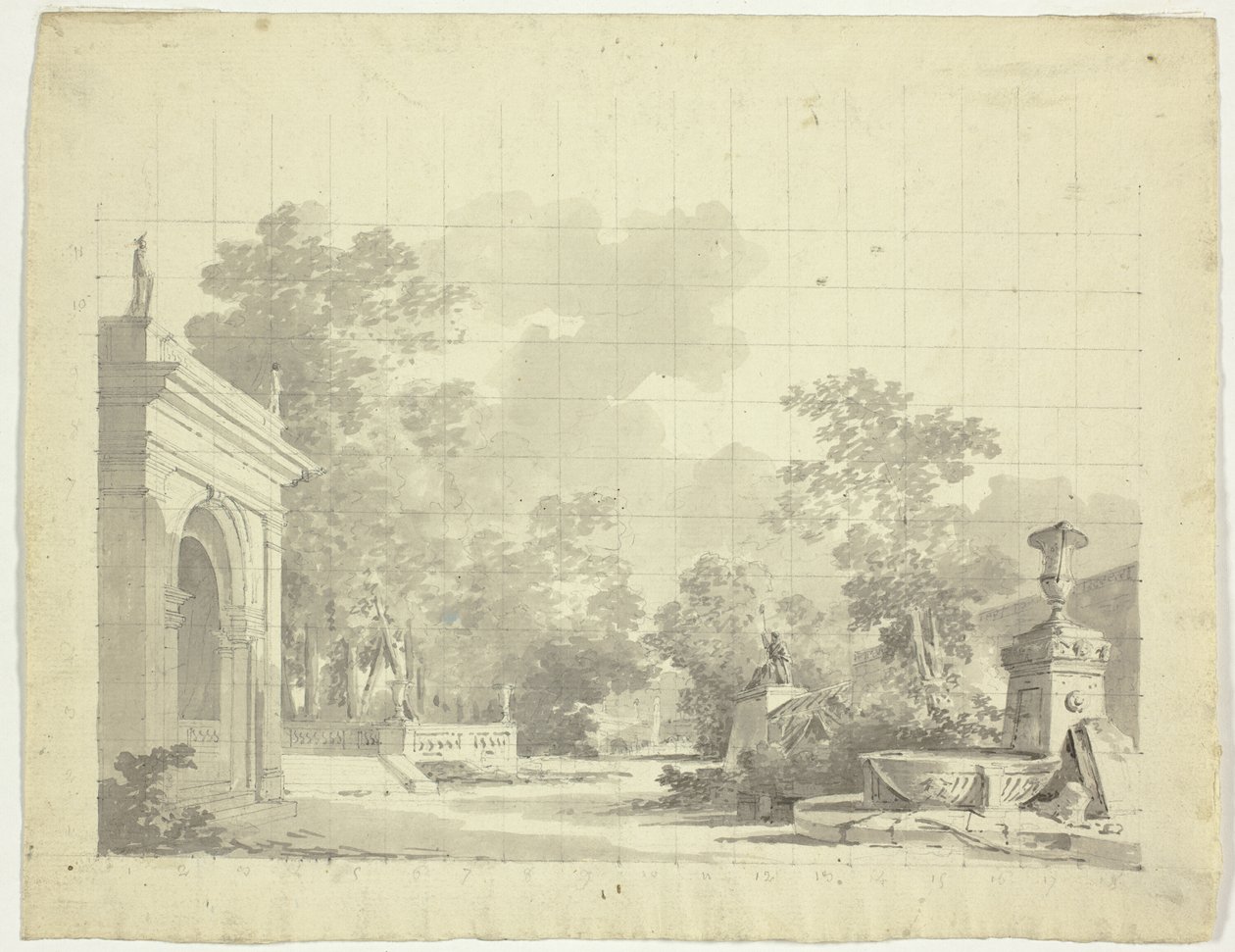 Gezicht op het park van Versailles: Gewelfde toegang tot een terras, urnen en verwoeste beelden door Pierre Antoine Mongin