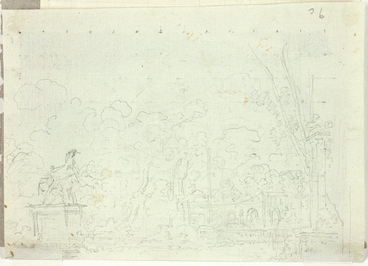 Uitzicht op het park van Versailles: Ruiterstandbeeld tussen bomen door Pierre Antoine Mongin