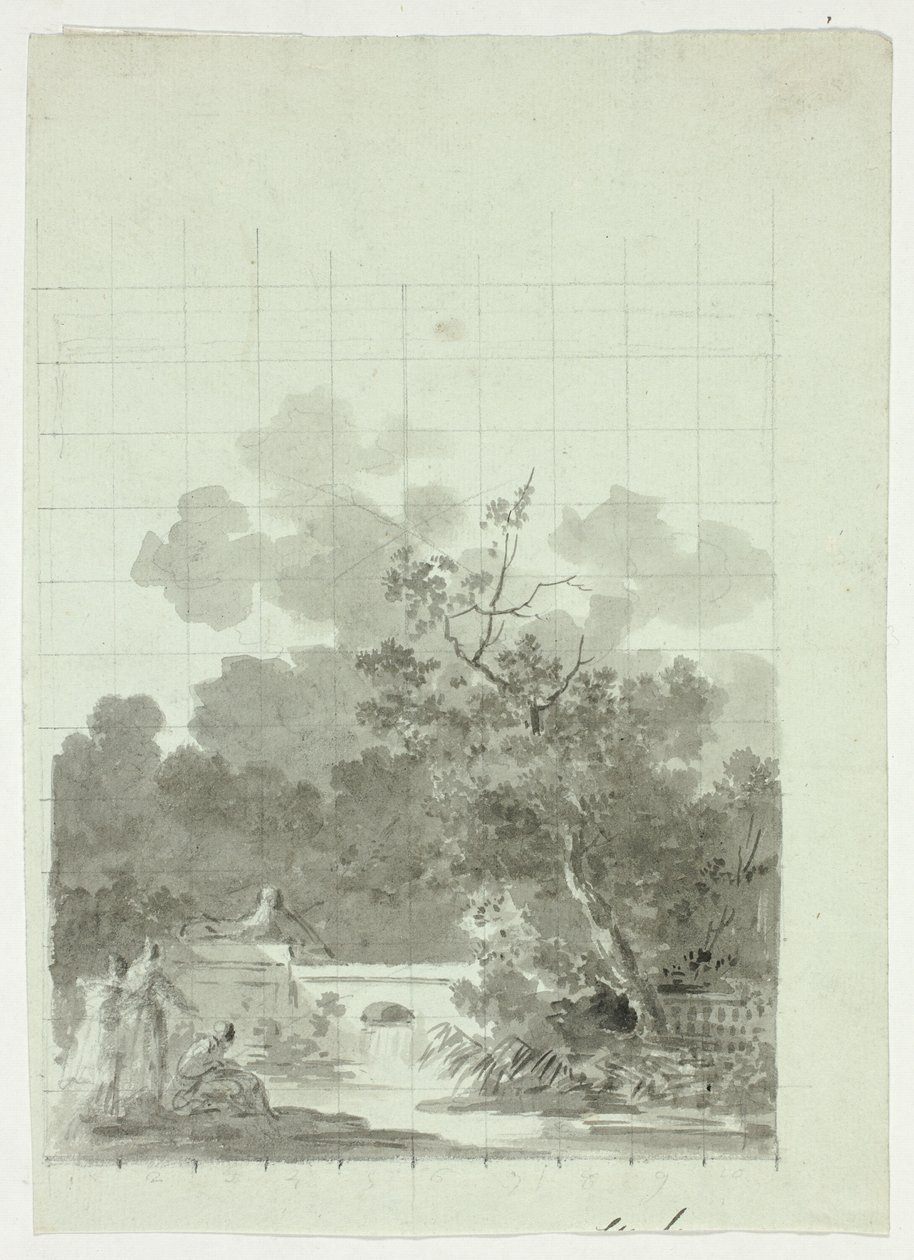 Uitzicht op het park van Versailles: Vissen in vijver bij boomgaard door Pierre Antoine Mongin