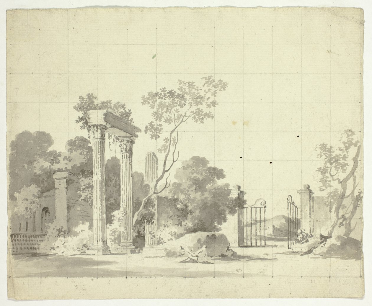 Gezicht op het park van Versailles: Verwoeste zuilen en een open ijzeren poort door Pierre Antoine Mongin