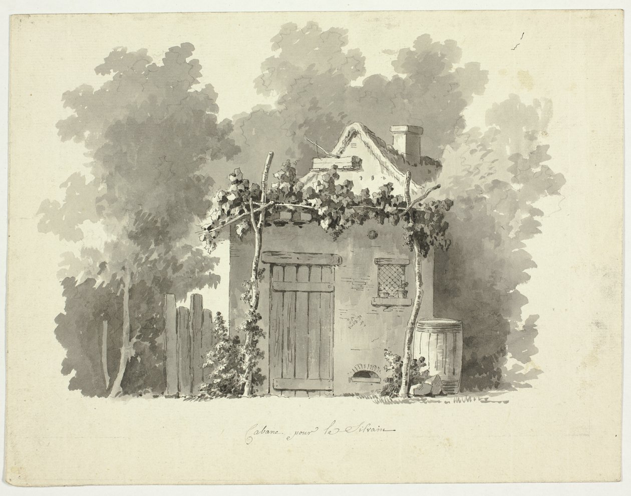 Uitzicht op het park van Versailles: Rustieke hut door Pierre Antoine Mongin