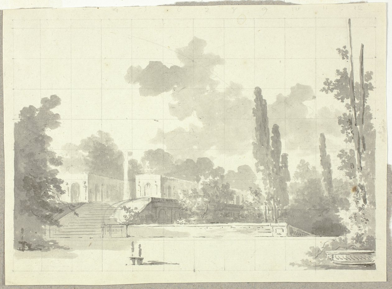 Uitzicht op het park van Versailles: Trap naar terras met tempel en zuil door Pierre Antoine Mongin