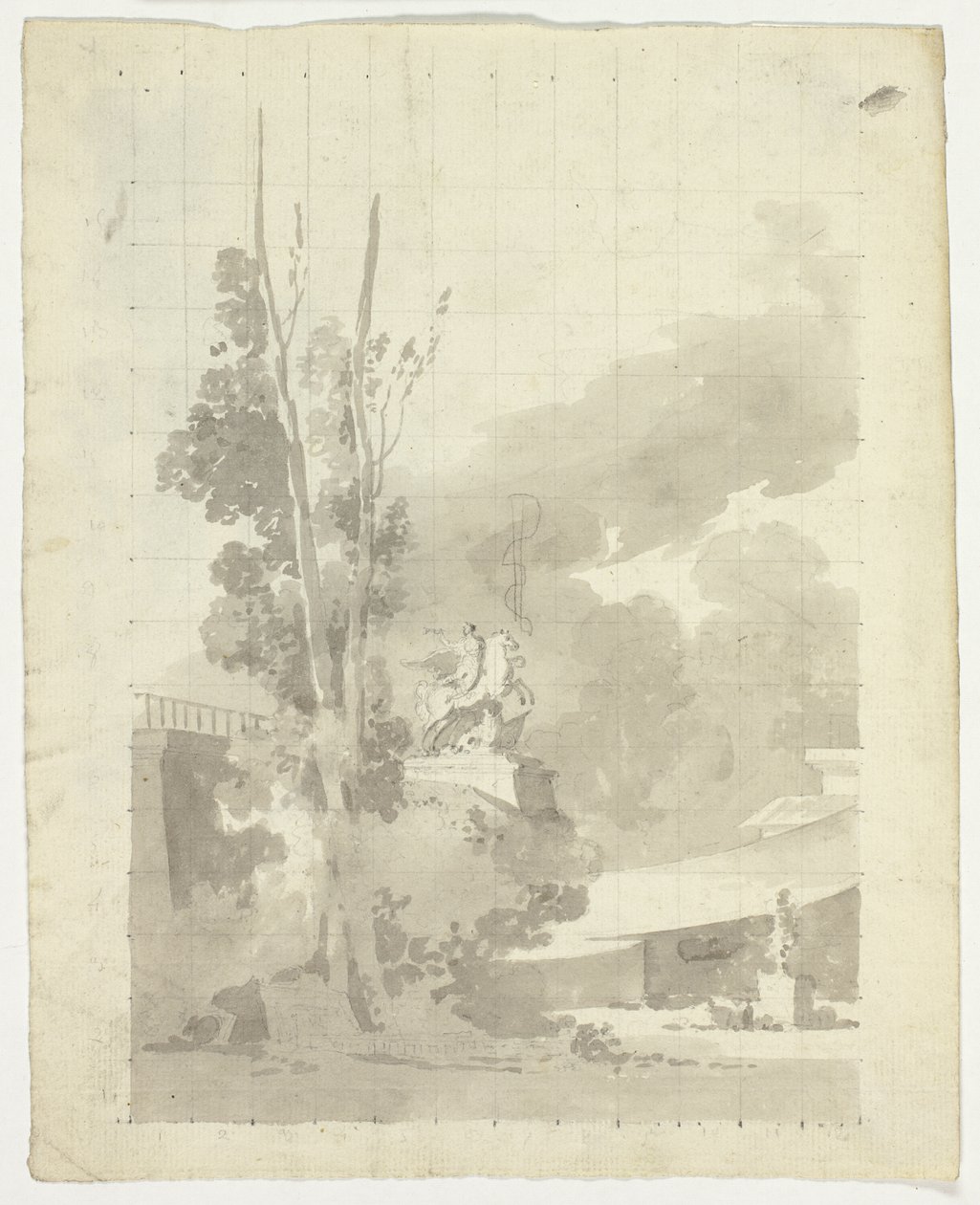 Gezicht op het park van Versailles: Terras, bomen en ruiterstandbeeld door Pierre Antoine Mongin