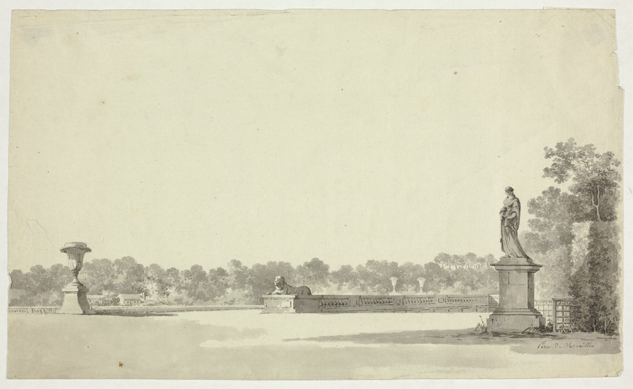 Gezicht op het park van Versailles: Terras met urne, sfinx en vrouwenbeeld door Pierre Antoine Mongin