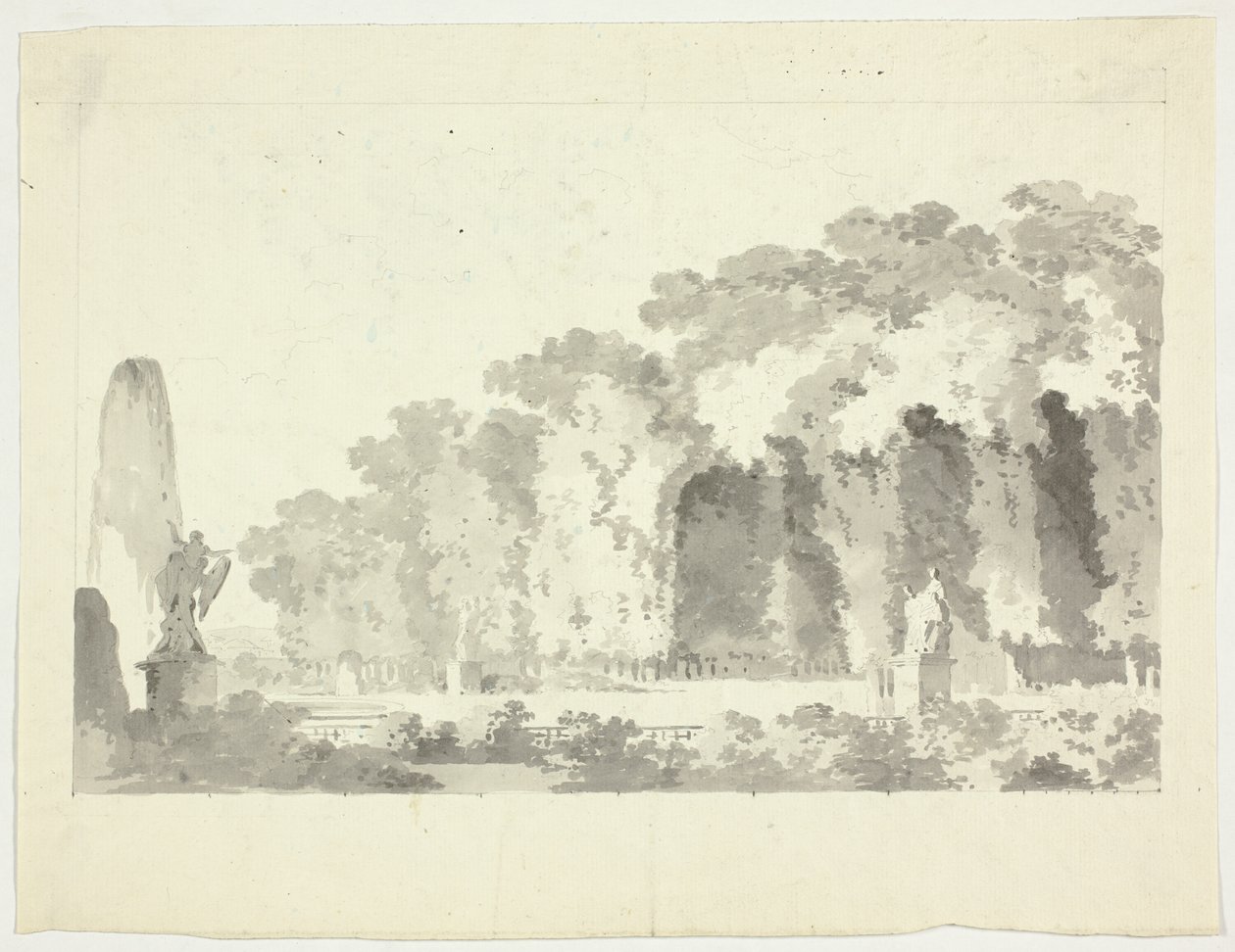 Uitzicht op het park van Versailles: Bomen en beelden door Pierre Antoine Mongin