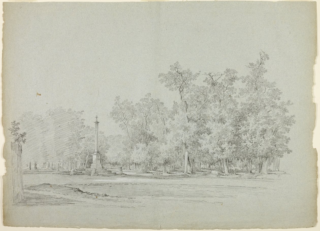 Gezicht op het park van Versailles: Landschap met gedenkzuil en boomgaard door Pierre Antoine Mongin