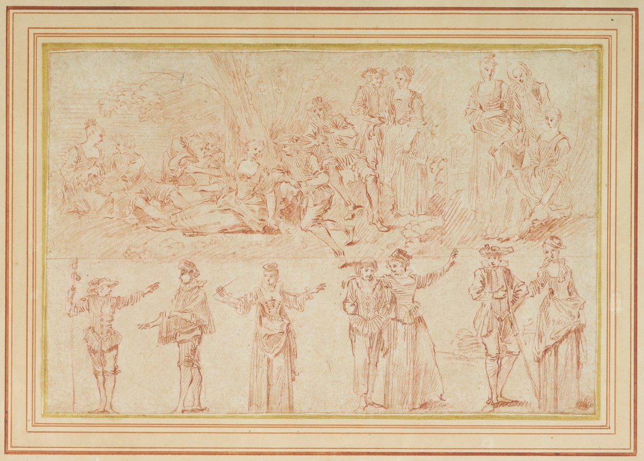 Twee fêtes galantes en studies van enkele figuren en paren door Pierre Antoine Quillard