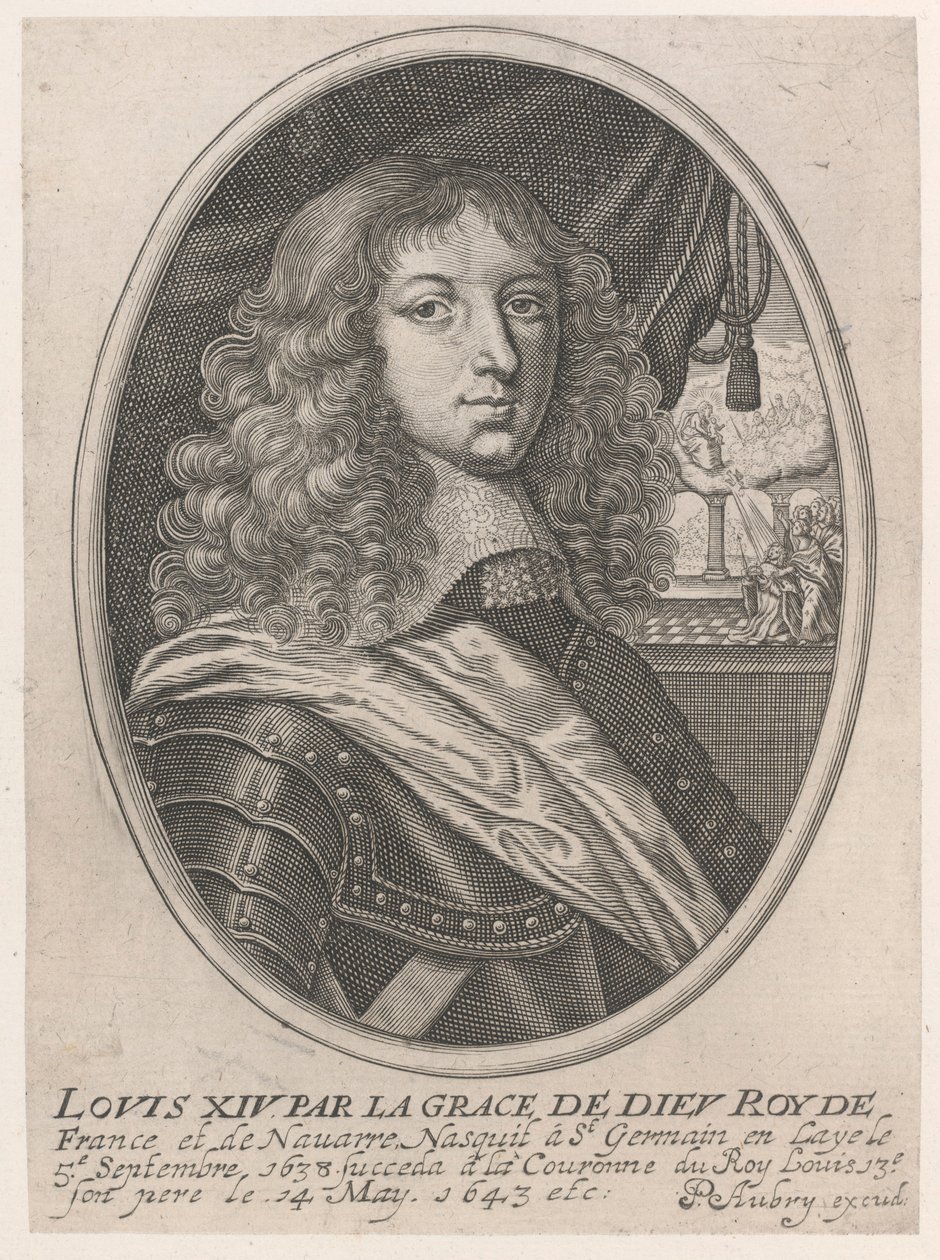Portret van Lodewijk XIV (Louis XIV par la Grace de Dieu Roy de France et de Navarre) door Pierre Aubry