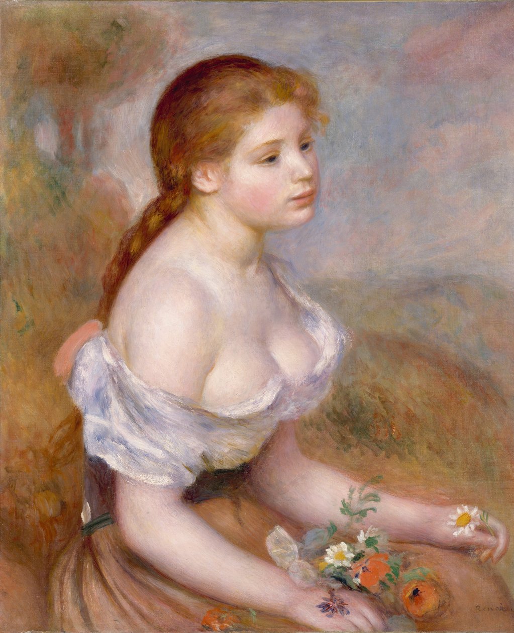 Een jong meisje met madeliefjes door Pierre Auguste Renoir