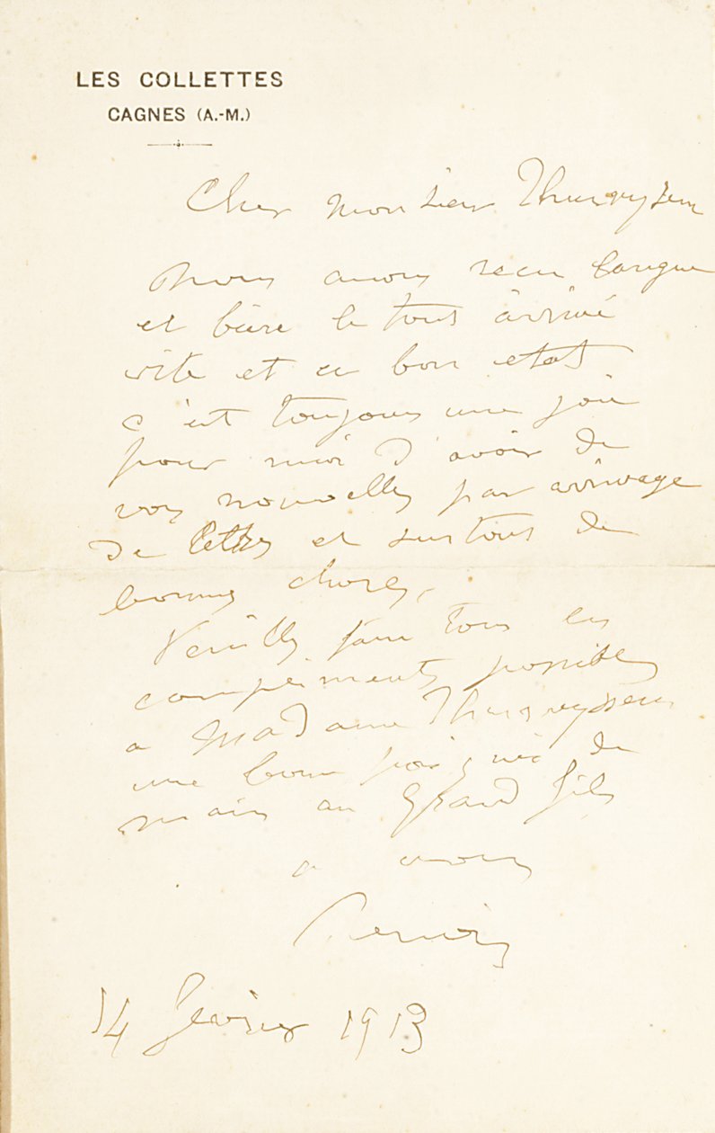 Handtekening brief aan Dr. Fritz Thurneyssen, Parijs en Les Collettes, 24 juni 1908 door Pierre Auguste Renoir