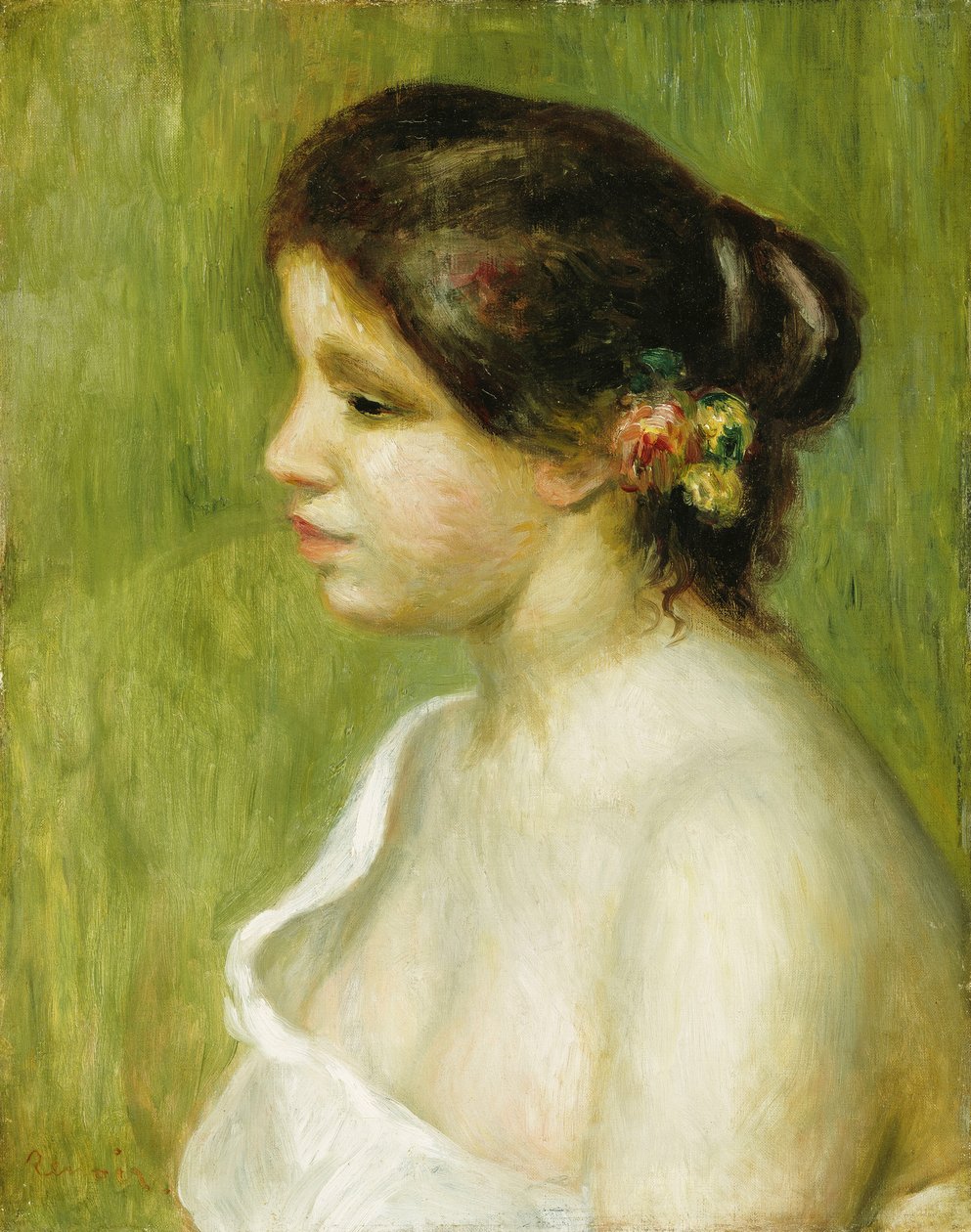 Buste van een Jong Meisje met Bloemen in haar Oor door Pierre Auguste Renoir