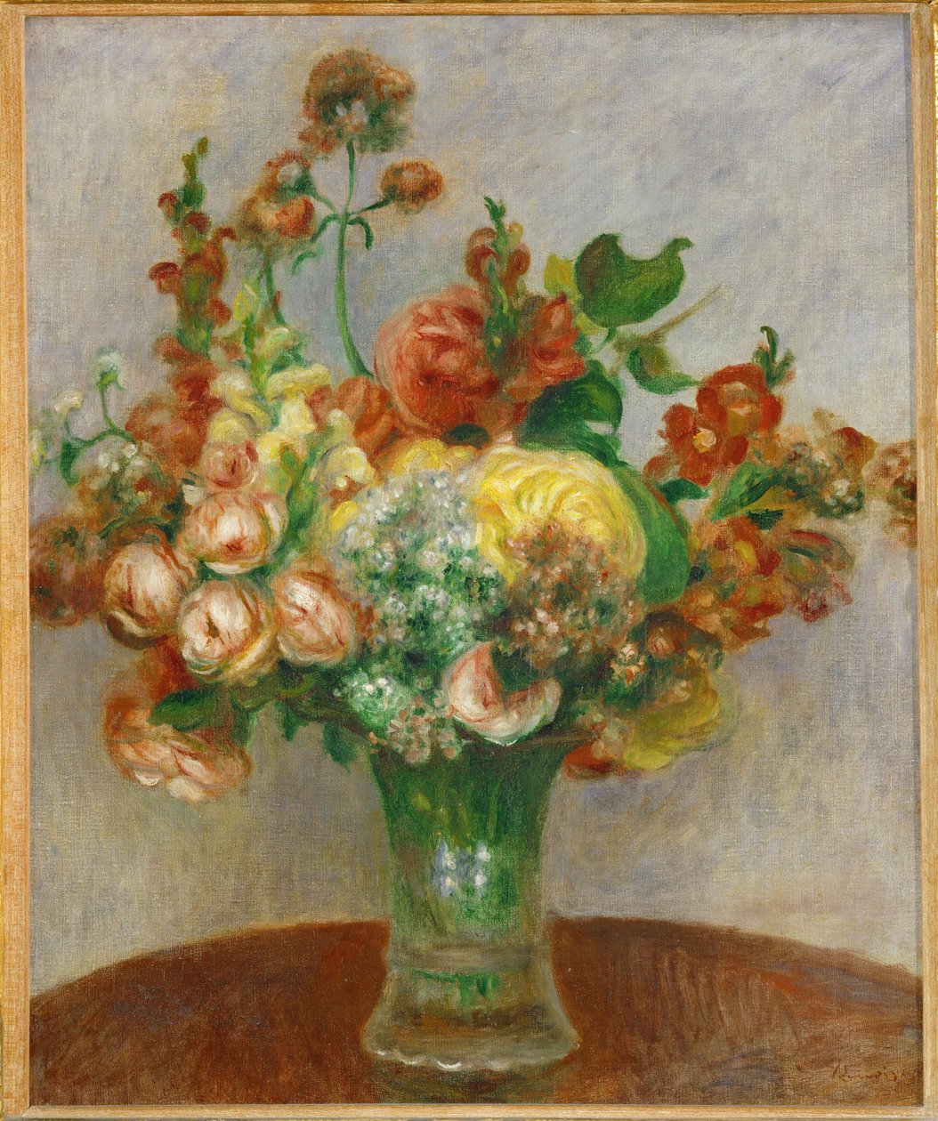 Bloemen in een vaas (olieverf op doek) door Pierre Auguste Renoir