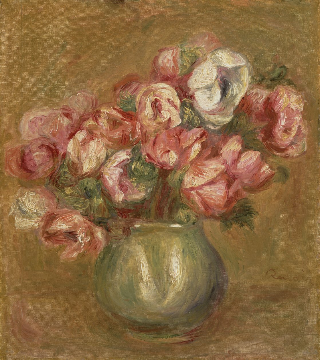 Bloemen in een groene vaas door Pierre Auguste Renoir