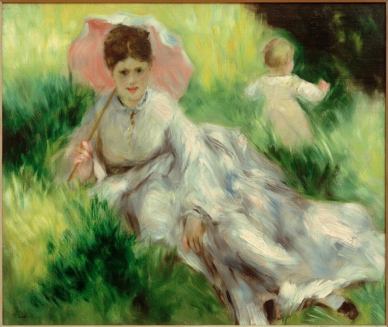 Vrouw met parasol en kind op zonnige helling door Pierre-Auguste Renoir