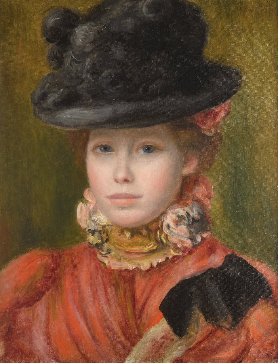 Meisje met zwarte hoed met rode bloemen, ca. 1890 door Pierre Auguste Renoir