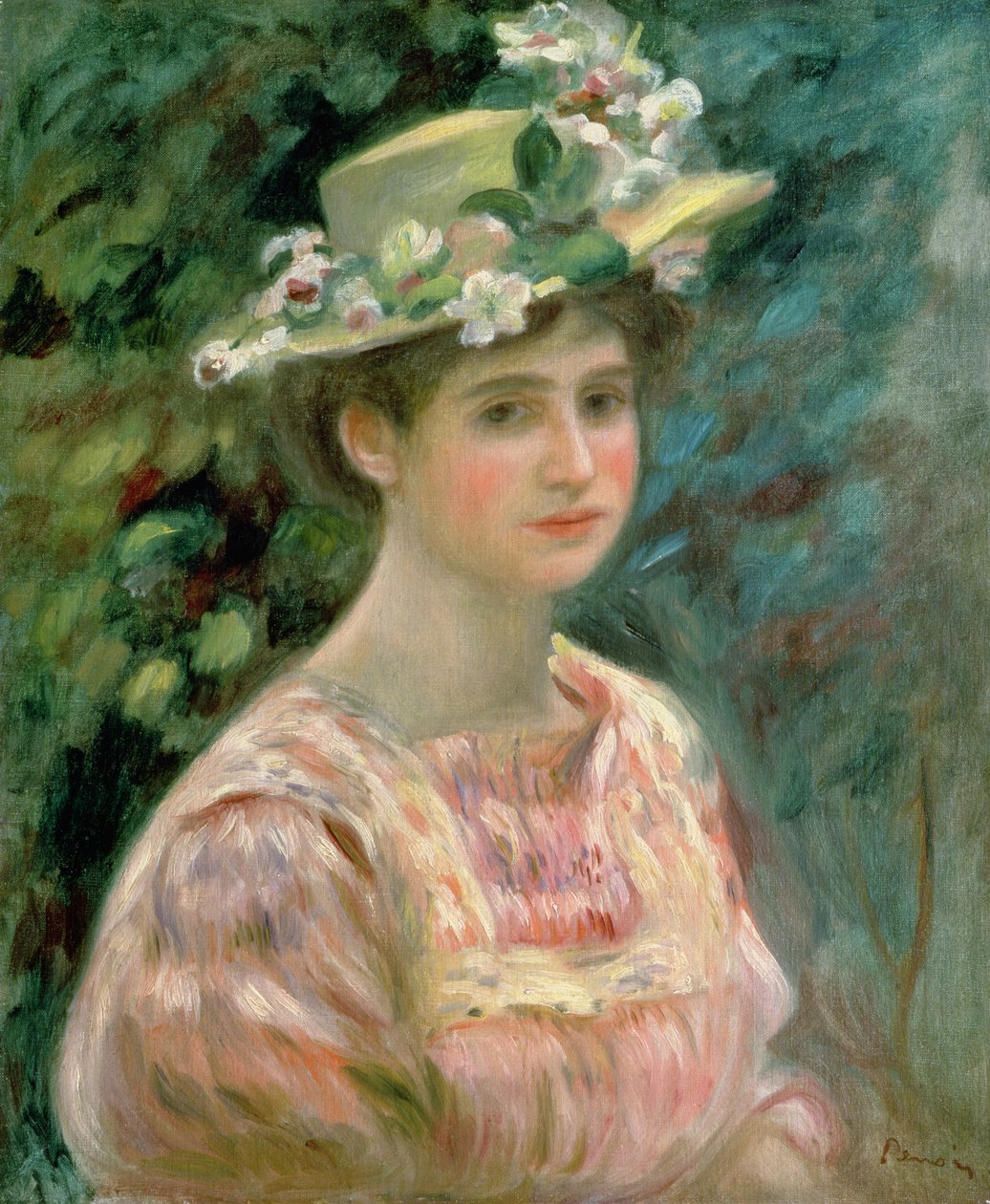 Meisje met eglantines op haar hoed, ca. 1896 door Pierre Auguste Renoir