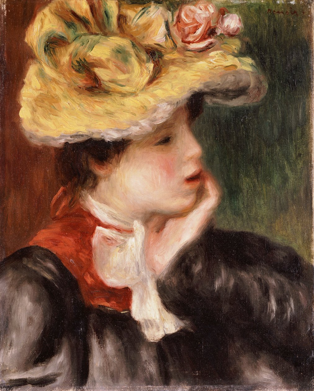 Hoofd van een Meisje met een Gele Hoed door Pierre Auguste Renoir