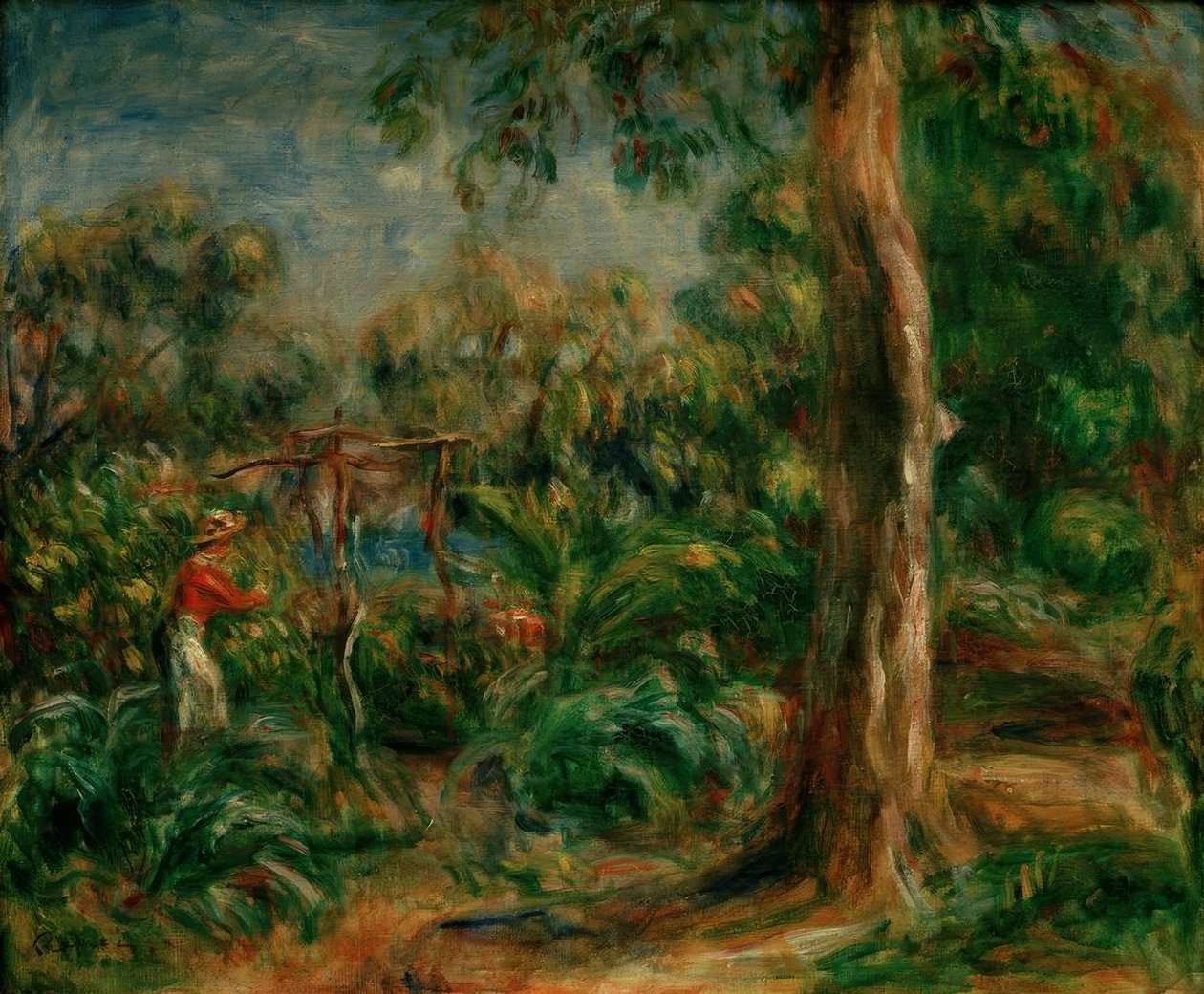De grote boom. Vrouw met rood lijfje in de tuin van Ca door Pierre Auguste Renoir