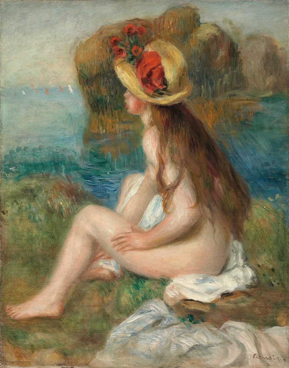 Naakt met een strohoed aan zee, 1892 door Pierre Auguste Renoir
