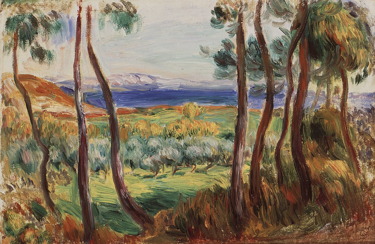 Pijnbomen in de omgeving van Cagnes, ca. 1910 door Pierre Auguste Renoir