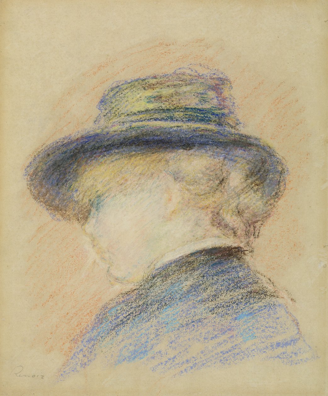 Profiel van een jonge vrouw met een blauwe hoed door Pierre Auguste Renoir