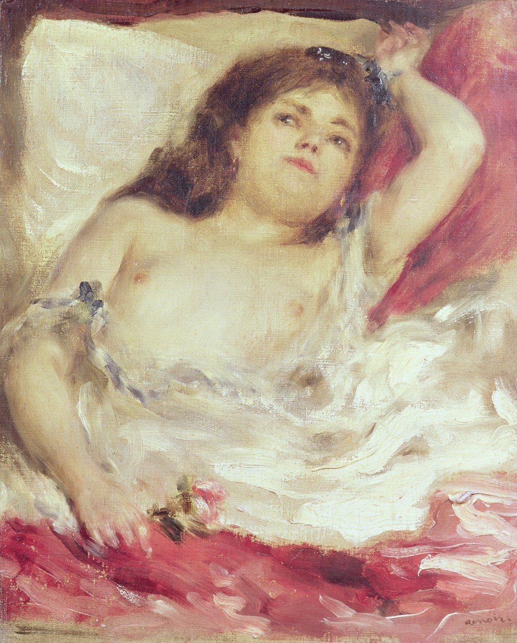 Halfnaakte vrouw in bed: De Roos, voor 1872 door Pierre Auguste Renoir