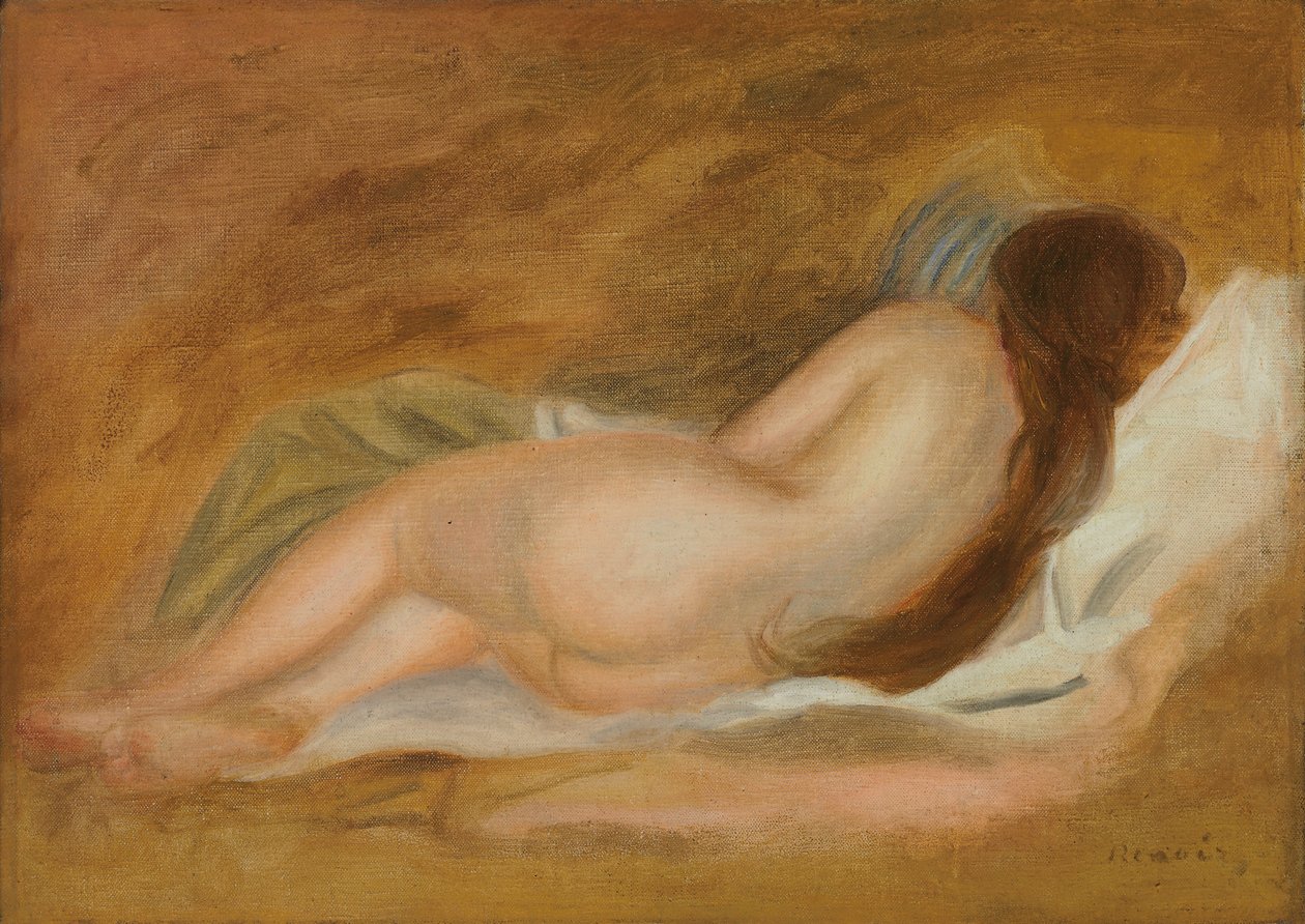 Slapende naakt, rugaanzicht, oker achtergrond, ca. 1885 door Pierre Auguste Renoir
