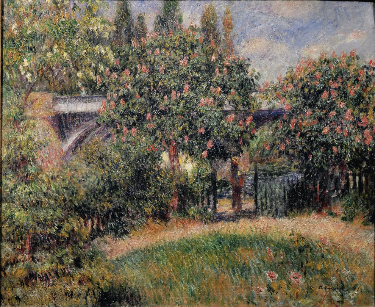 De spoorbrug in Chatou of de roze kastanjebomen - 1881 door Pierre Auguste Renoir