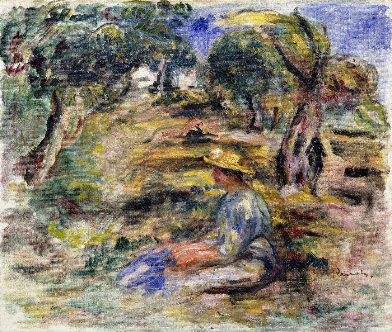 Vrouw in Blauw, Zittend door Pierre Auguste Renoir