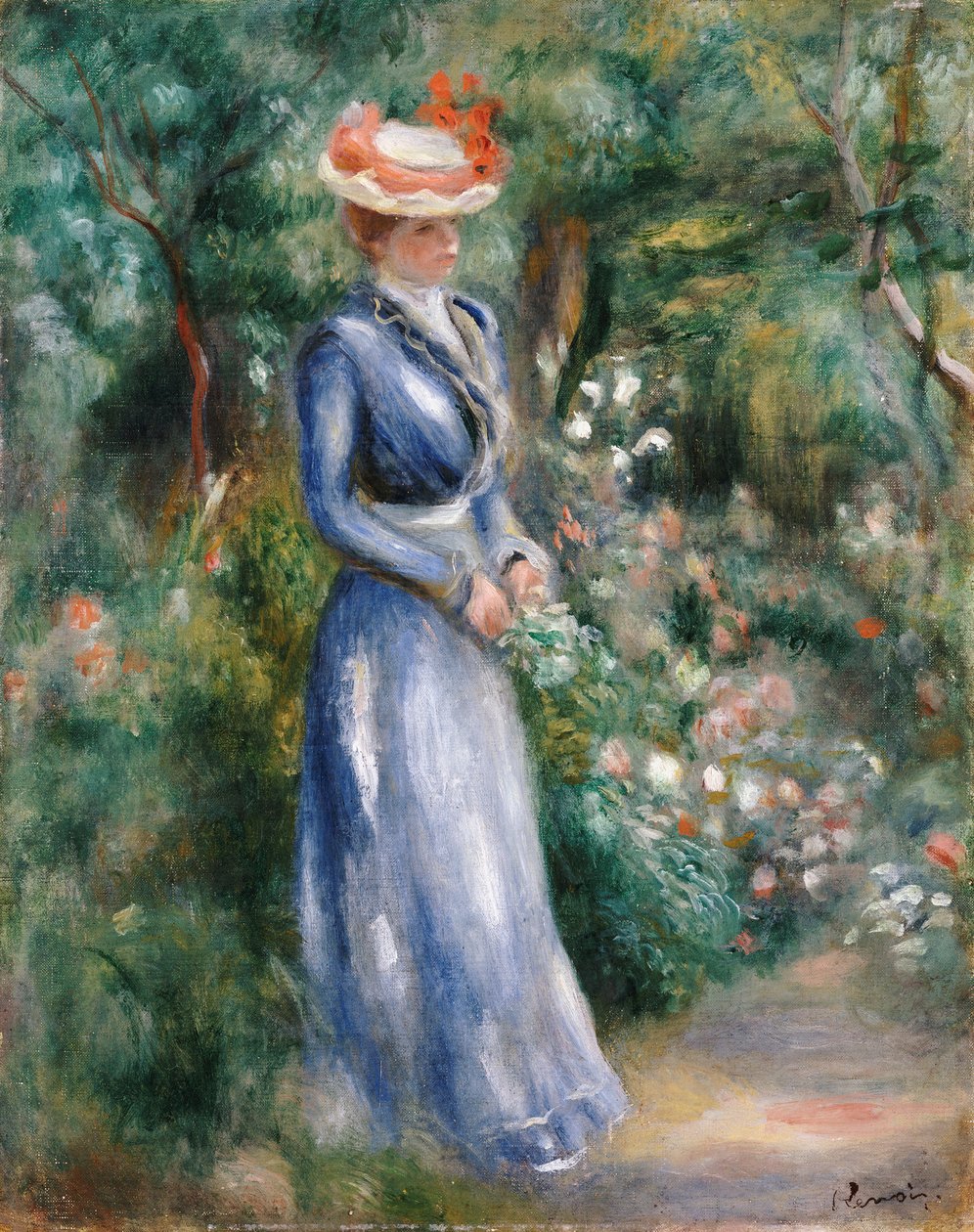 Vrouw in een Blauwe Jurk Staand in de Tuin van Saint-Cloud door Pierre-Auguste Renoir