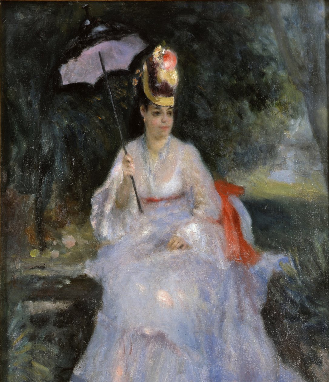 Vrouw met parasol zittend in een tuin, 1872 door Pierre Auguste Renoir
