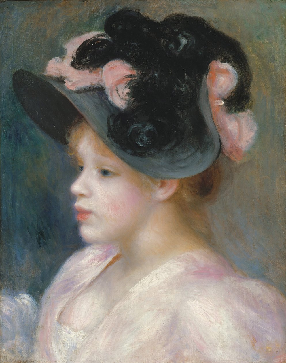 Jong meisje met een roze en zwarte hoed, ca. 1891 door Pierre Auguste Renoir