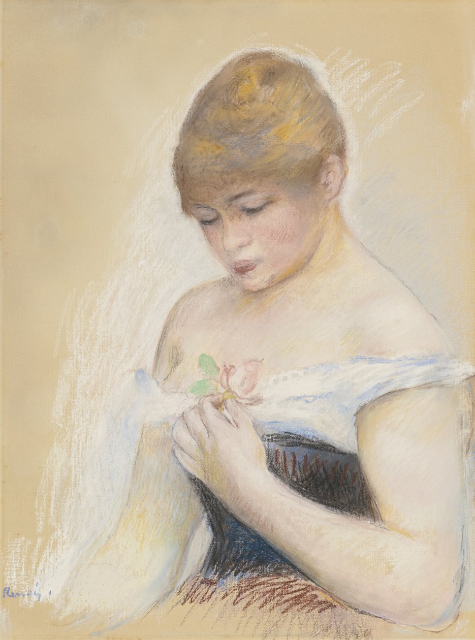 Jonge vrouw met een bloem. Portret van de actrice Jeanne Samary, ca. 1880 door Pierre Auguste Renoir