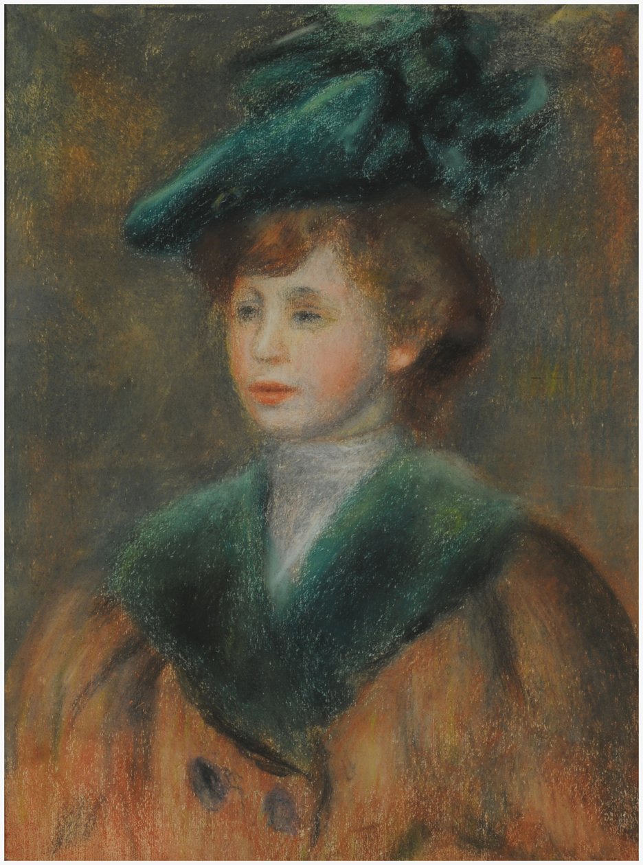 Jonge vrouw met een groene hoed door Pierre Auguste Renoir