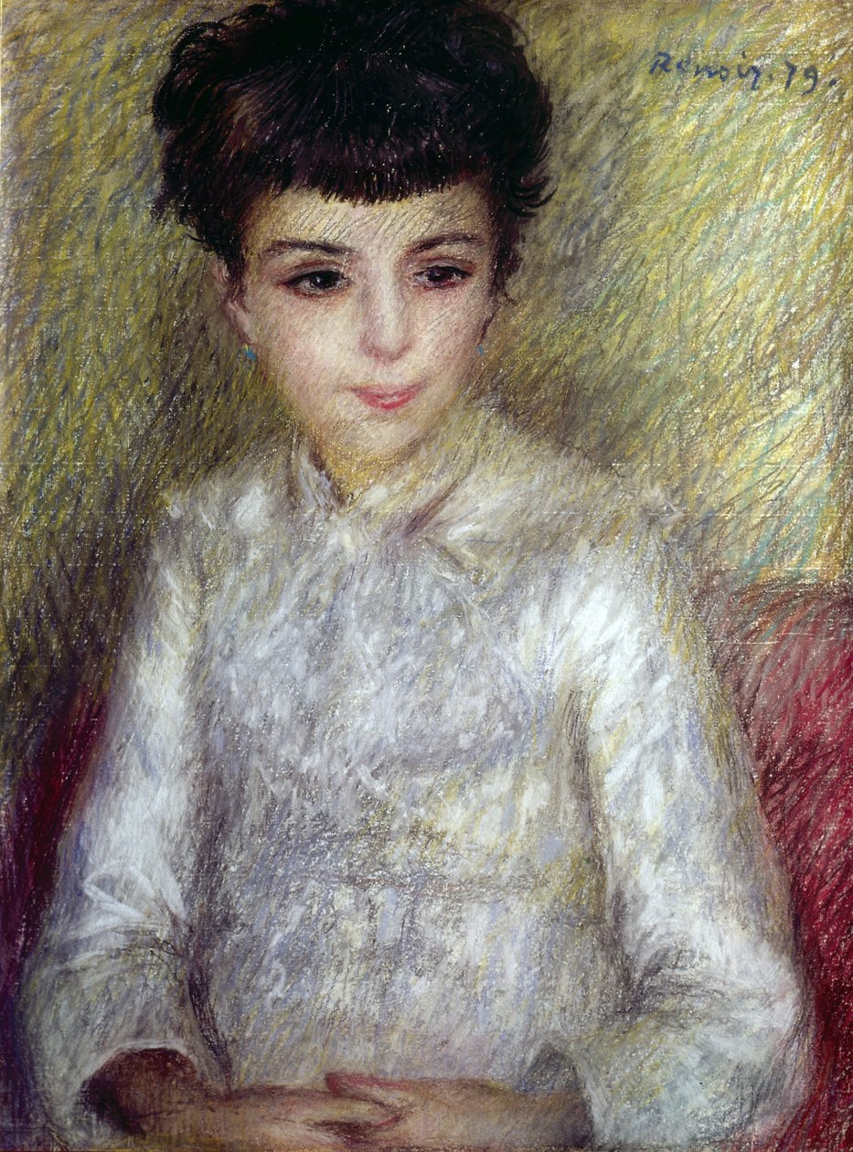 Jonge brunette meisje zittend met gekruiste handen door Pierre Auguste Renoir