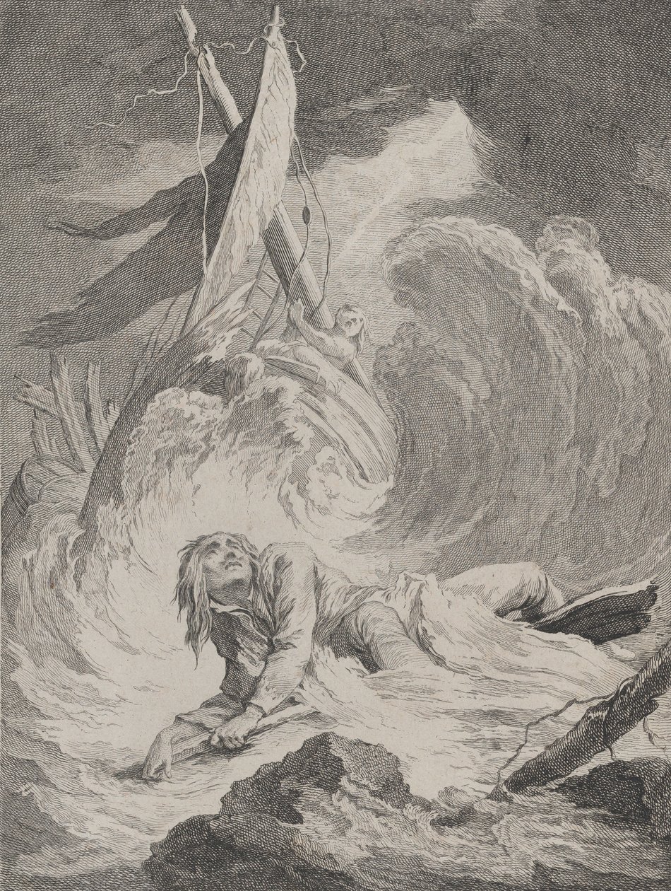 Lazarille bij zijn terugkeer uit Indië lijdt schipbreuk..., ca. 1717-60 door Pierre Aveline
