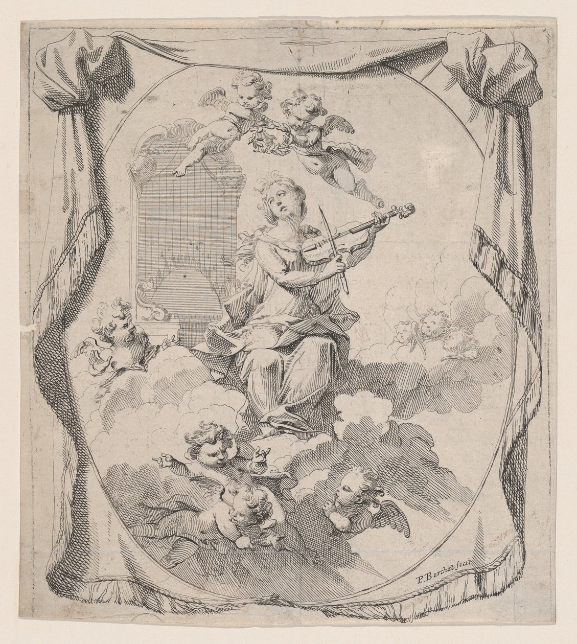 St. Cecilia op wolken gedragen door engelen, 1696 door Pierre Berchet