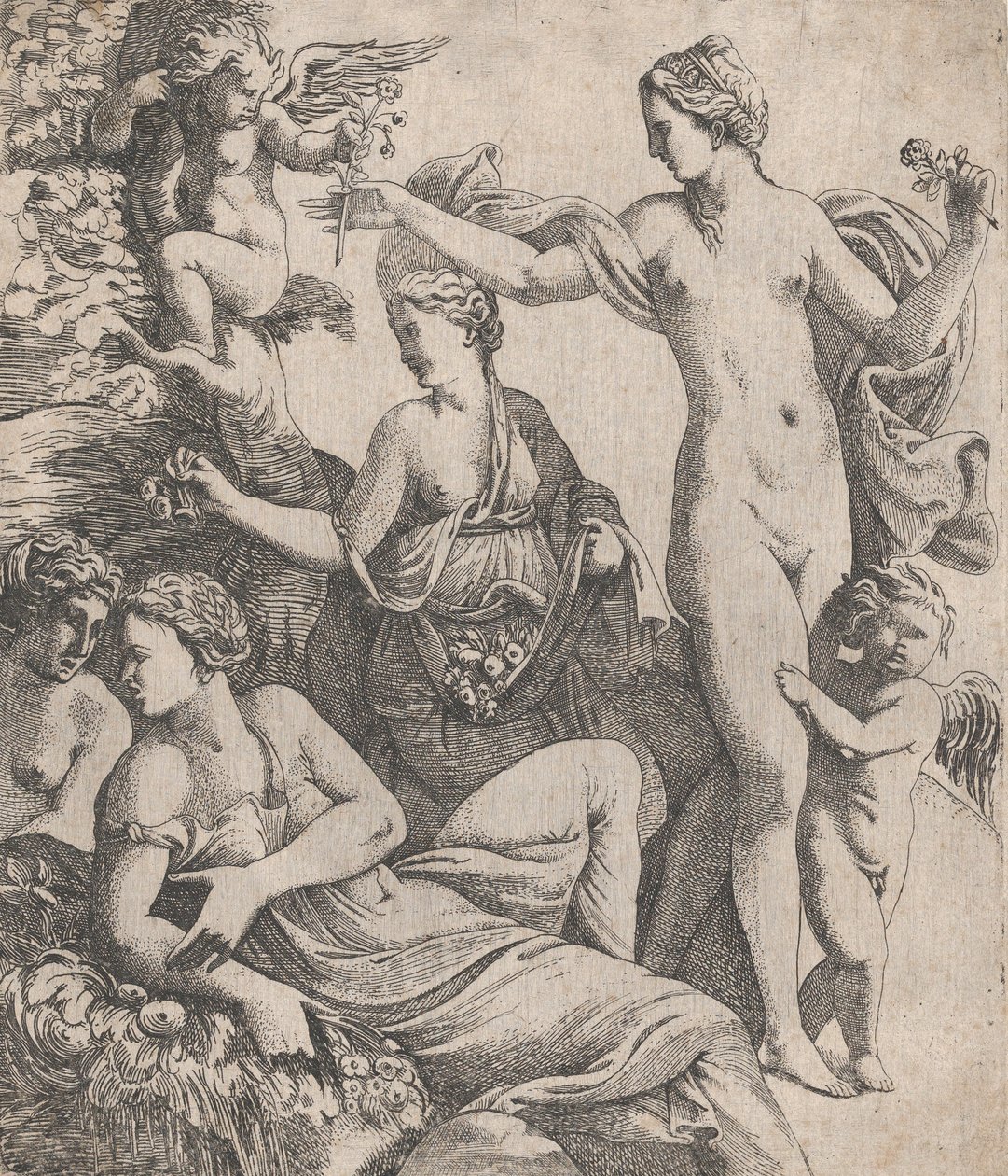 Venus, staand met de drie Gratiën, krijgt een bloem aangeboden door een putto, 1607-1661 door Pierre Biard