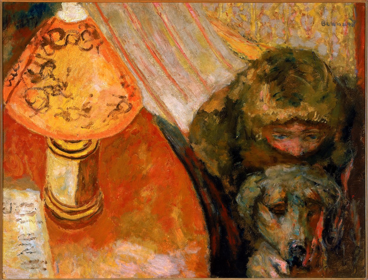 Schilderij van een interieur verlicht door lamplicht door Pierre Bonnard