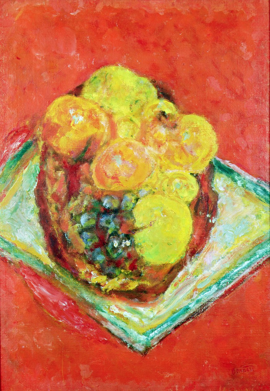 Perziken en druiven op een rood tafelkleed, ca. 1943 door Pierre Bonnard