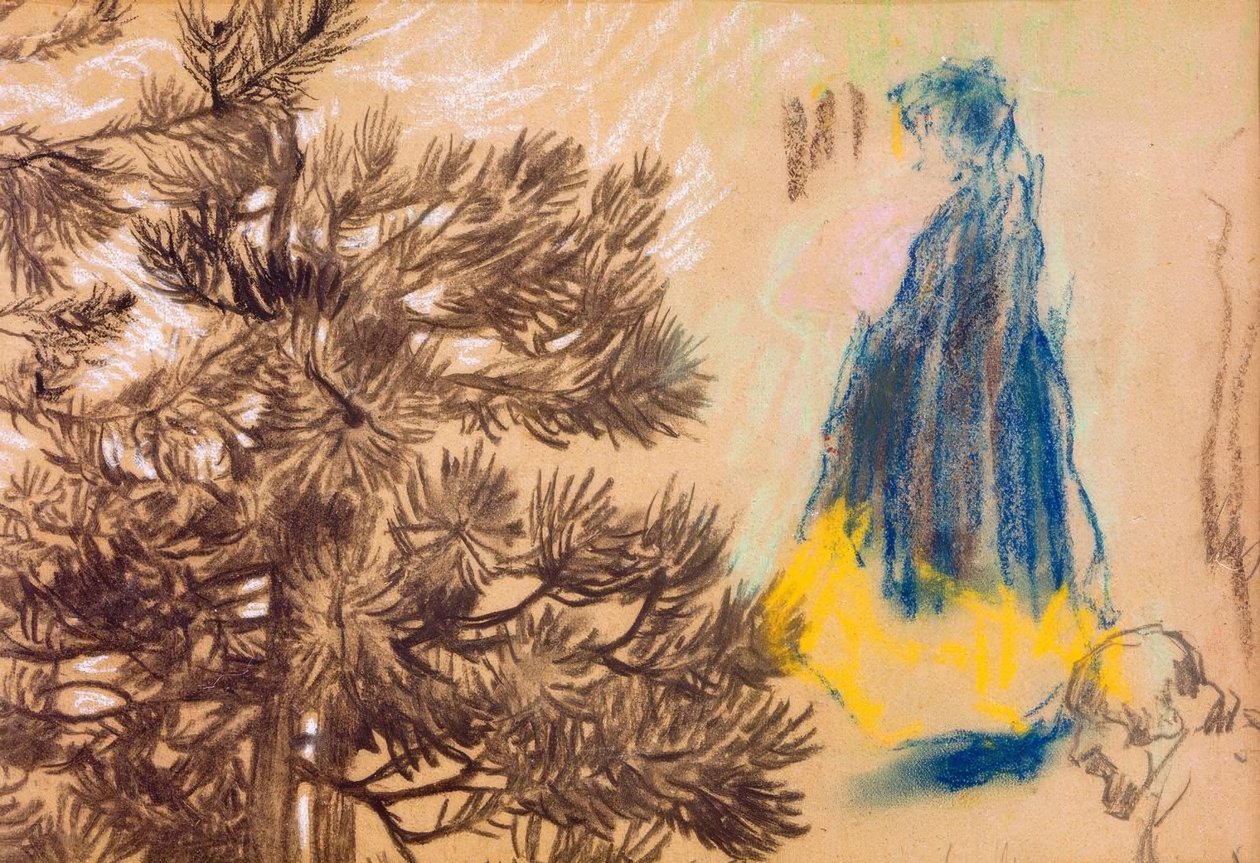 Studieblad: Naaldboom, meisje in kapmantel, portret van een man door Pierre Bonnard