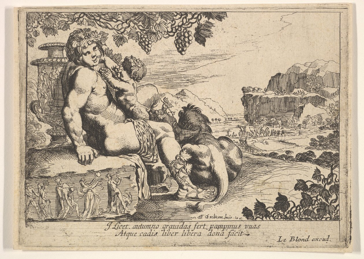 Bacchus, Satyr en Leeuw door Pierre Brebiette
