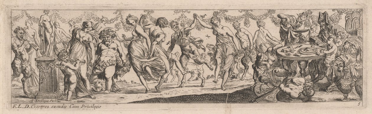 Dansende Nimfen en Satyrs door Pierre Brebiette