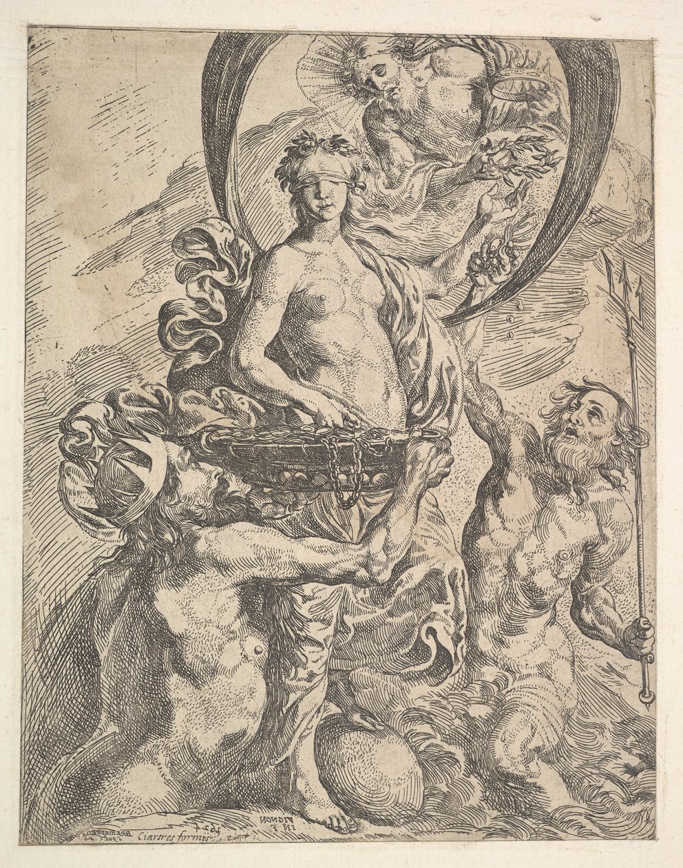 Jupiter, Pluto en Neptunus bieden hun rijkdommen aan Fortuna aan, 1624 door Pierre Brebiette