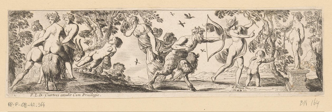Sater schiet een pijl op een beeld van Bacchus terwijl Mercurius toekijkt door Pierre Brebiette