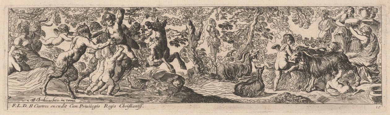 Satyrs en putti spelen met dieren door Pierre Brebiette